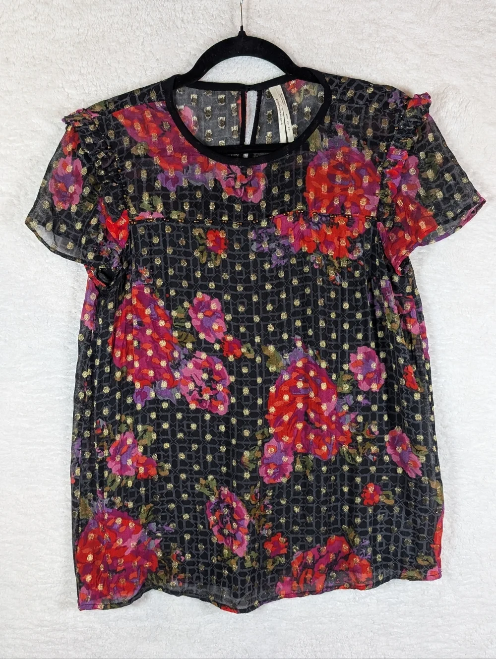 54-Anthropologie Black Sheer Floral Blouse with Gold Dots - Picture 2 of 7